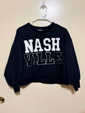 Judith March Black Sweatshirt with White 'NASHVILLE' Chenille Letters
